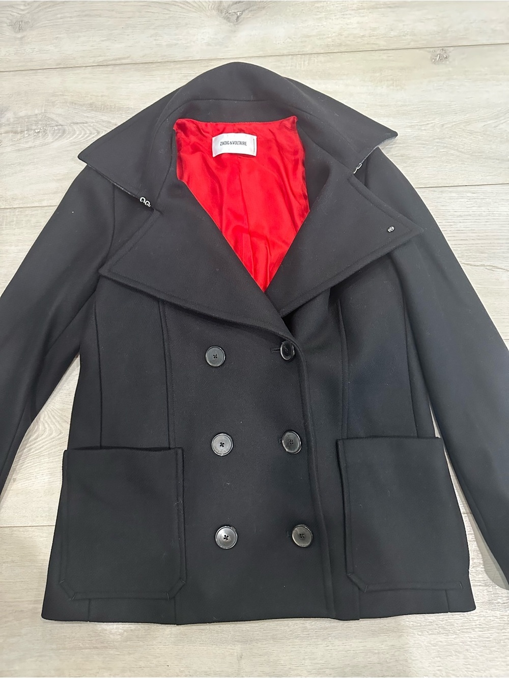 Zadig & Voltaire Miles Black Wool Peacoat Red Lining Size L